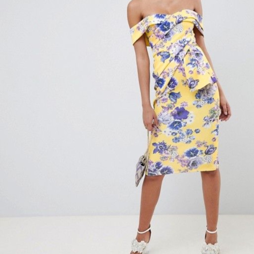 ASOS scuba, floral, off the shoulder dress